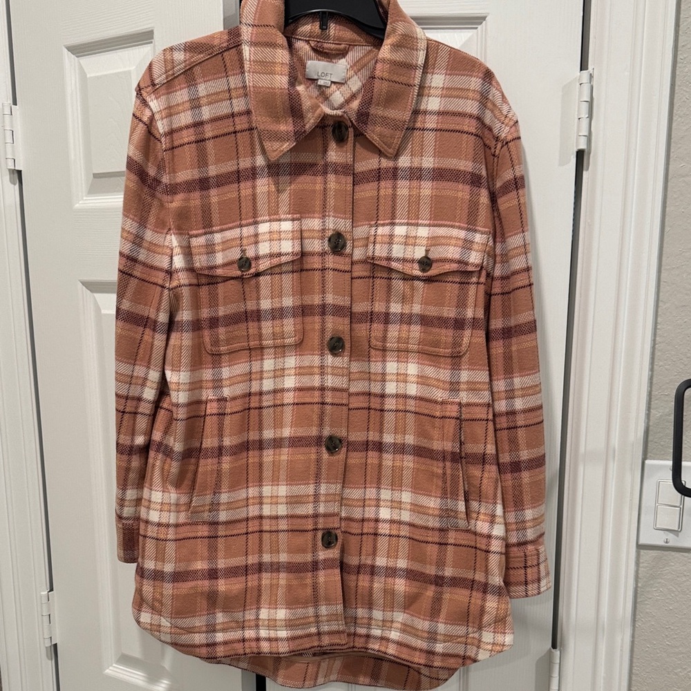 Plaid Women's Shacket in Peach, Burgundy and Cream